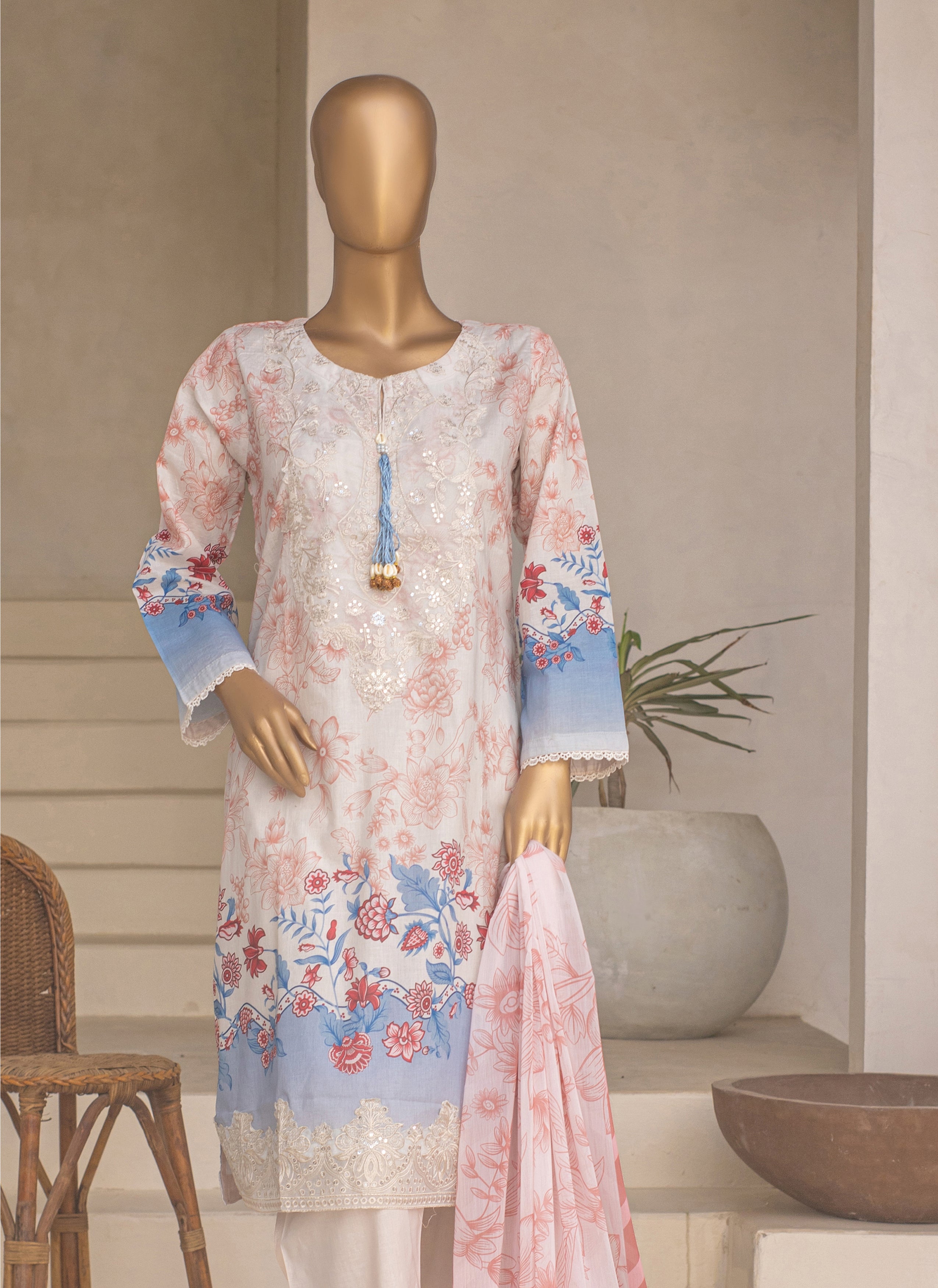 Embroidered 3-Piece Lawn Suit with Chiffon Dupatta