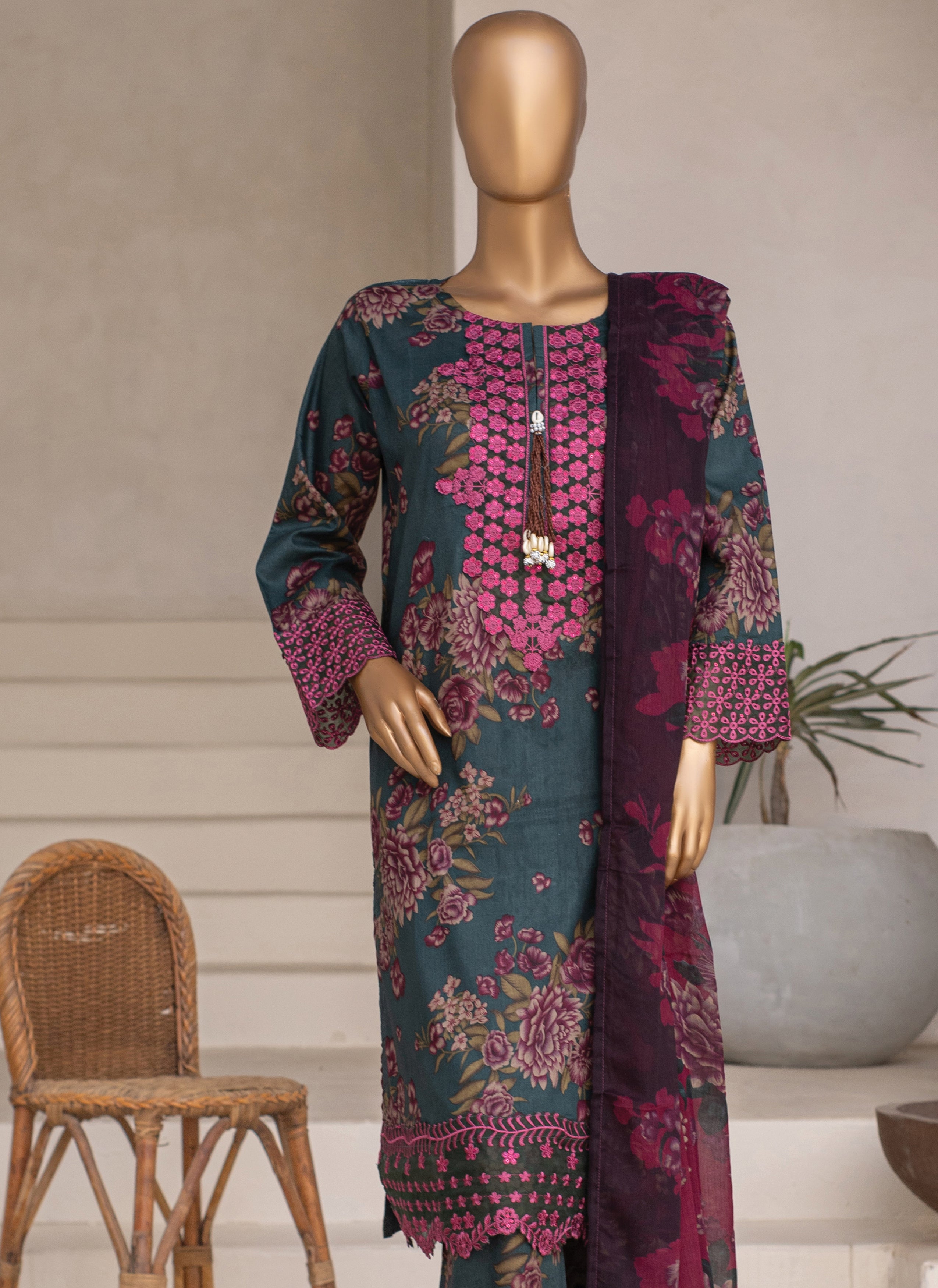 Embroidered 3-Piece Lawn Suit with Chiffon Dupatta