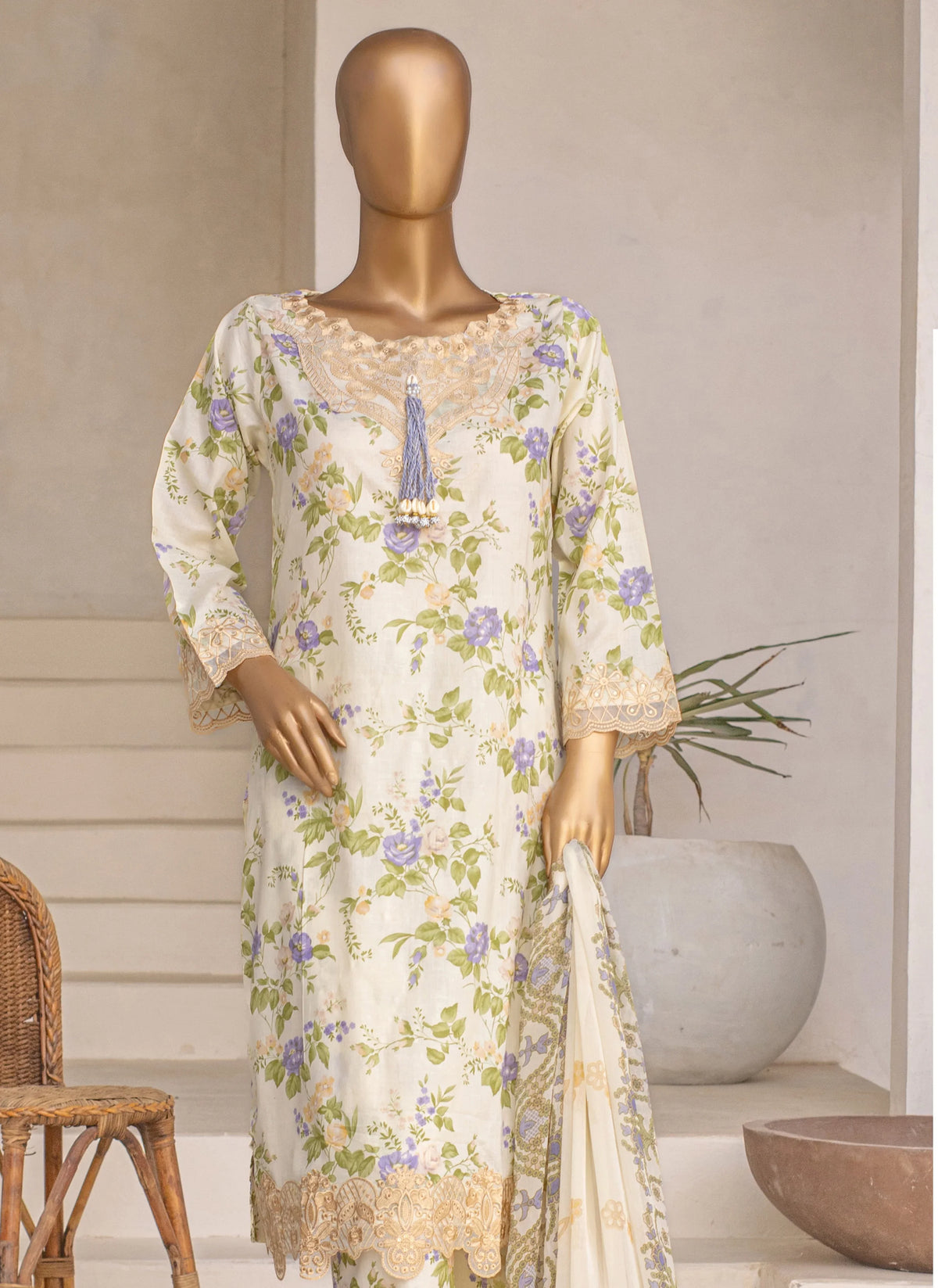 Embroidered 3-Piece Lawn Suit with Chiffon Dupatta